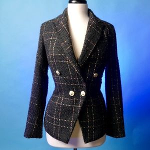 Tweed Fitted Blazer with Gold Button Detail